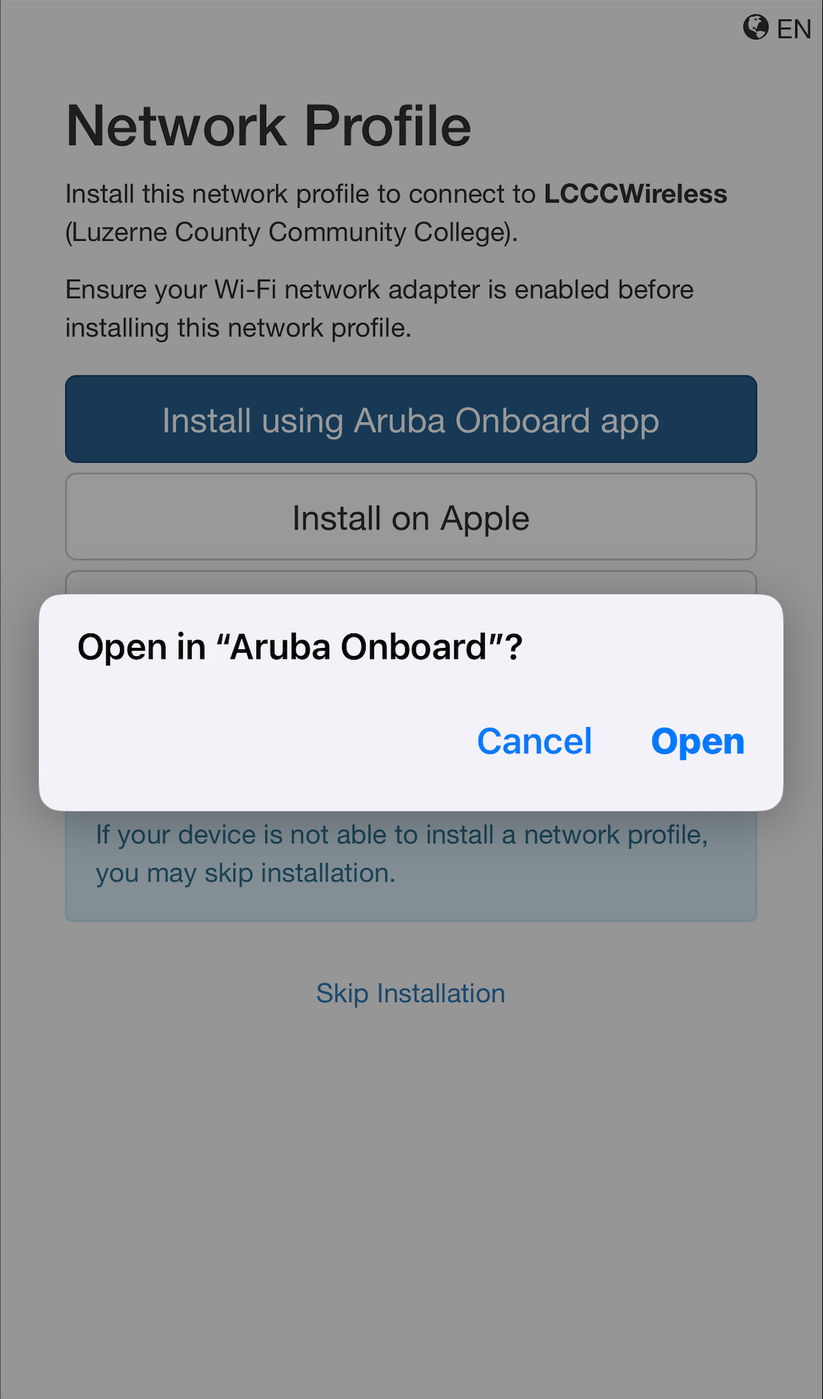 Aruba Onboard iOS Open Image