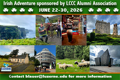 Pack your bags and join the Luzerne County Alumni Association for an unforgettable Irish Adventure in June 2026! This exclusive alumni trip, presented by CIE Tours, offers an immersive nine-day journey through Ireland, featuring historic sites, stunning landscapes, and authentic cultural experiences.

The trip runs June 22–30, 2026, and includes 9 days, 8 nights, and 14 meals. Space is extremely limited with only 10 spots available and just 5 rooms remaining. For more information or to reserve your spot, contact Valerie Berzanski at Tucker’s Travel Shoppe at 570-823-4100 or tucker87@epix.net
.

Don’t miss this exciting opportunity to explore Ireland while reconnecting with fellow LCCC alumni.